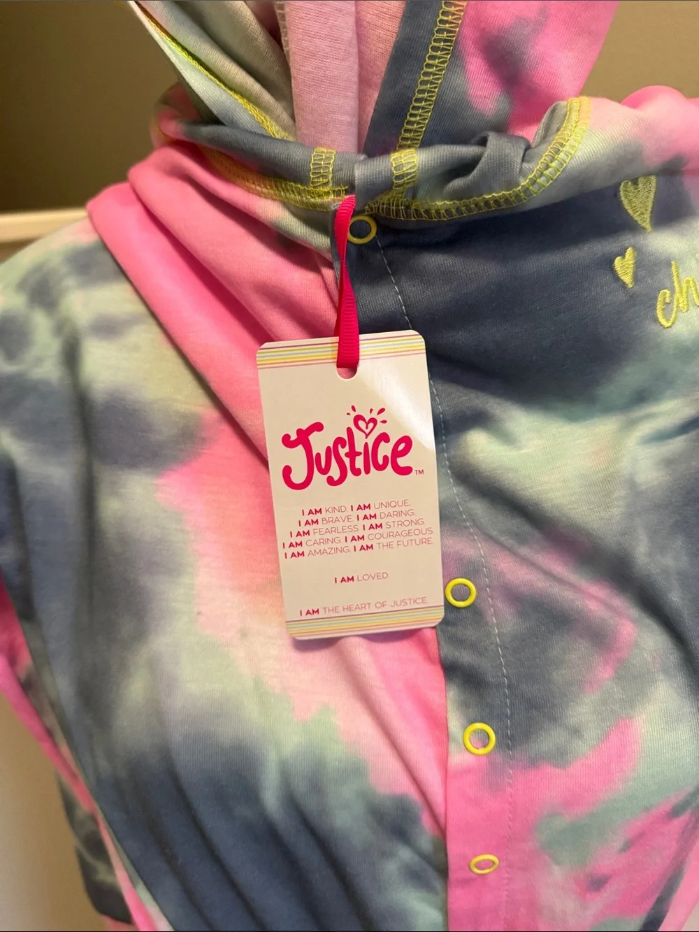 Justice Girls Tie-Dye Hooded Onesie - Pink, Blue, Yellow